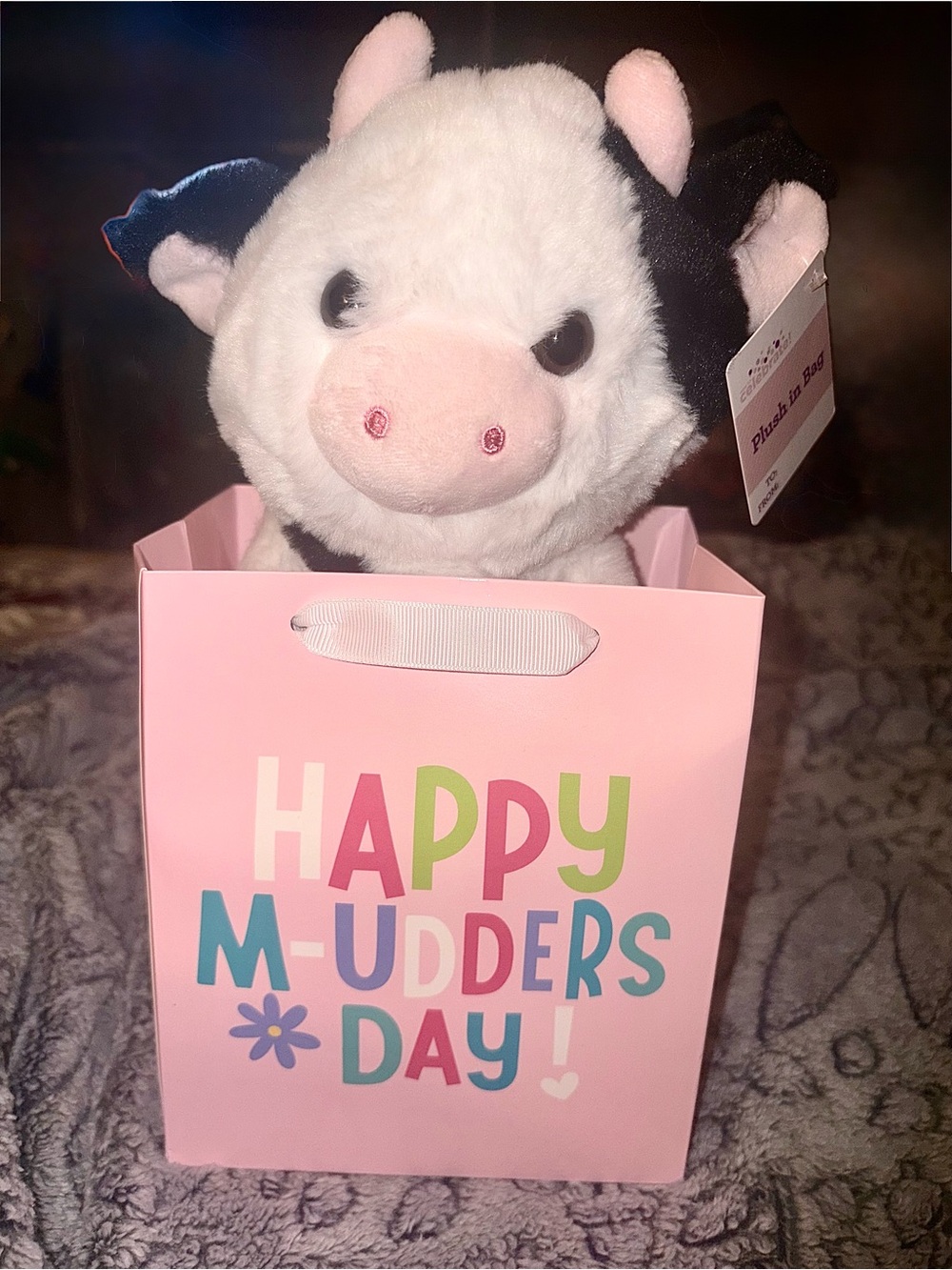 Adorable Plush Cow Toy in Pink Gift Bag